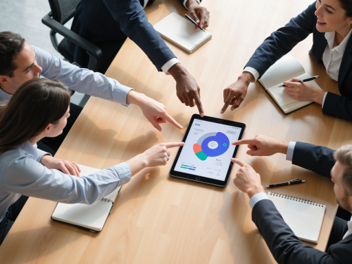 专业管理咨询团队工作场景，商务会议讨论，现代化办公室环境，四位顾问围坐圆桌讨论策略方案